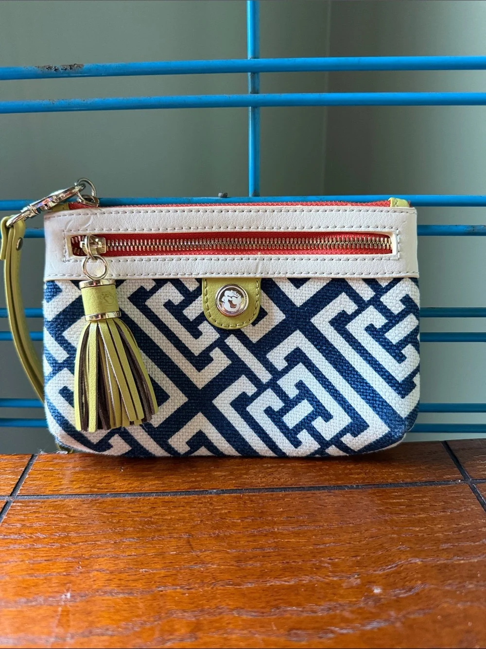 Spartina 449 Navy and White Geometric Wristlet with Yellow Tassel Accent